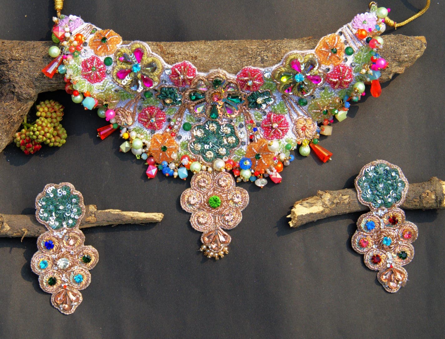 Begum's Bridal Multicolor Fabric Necklace Set with Glass Stones, Earrings & Maang Tika