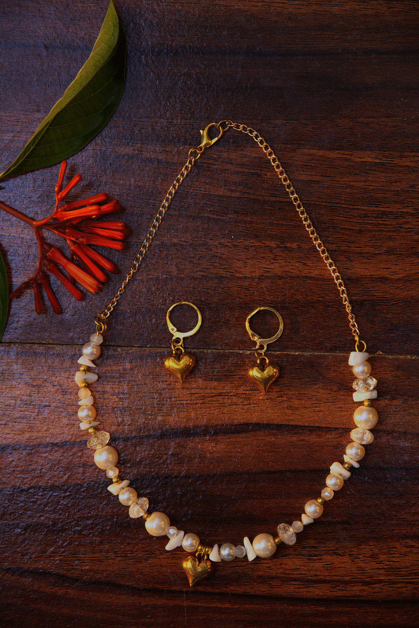 Golden Heart Pearl Charm Set